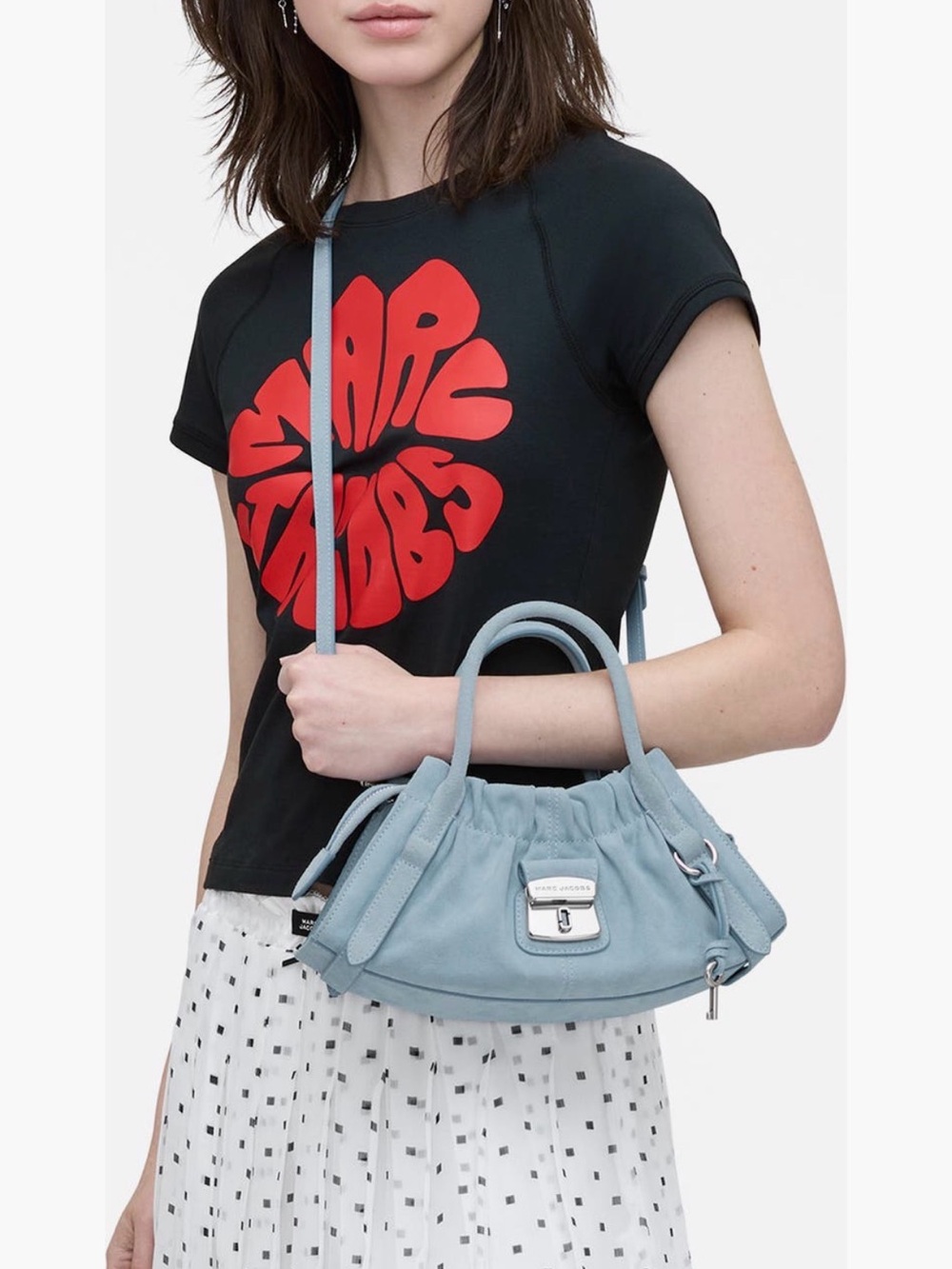 NWTš„Marc Jacobs The Suede Cristina Small Satchel Baby Blue Mist Key Charm Bag - Picture 7 of 8